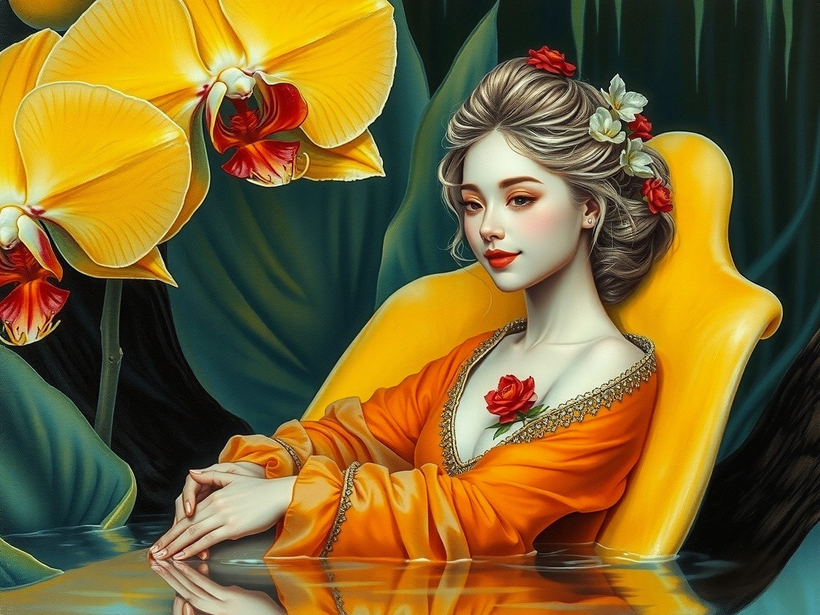 Serene Young Woman in Tropical Setting with Orchids