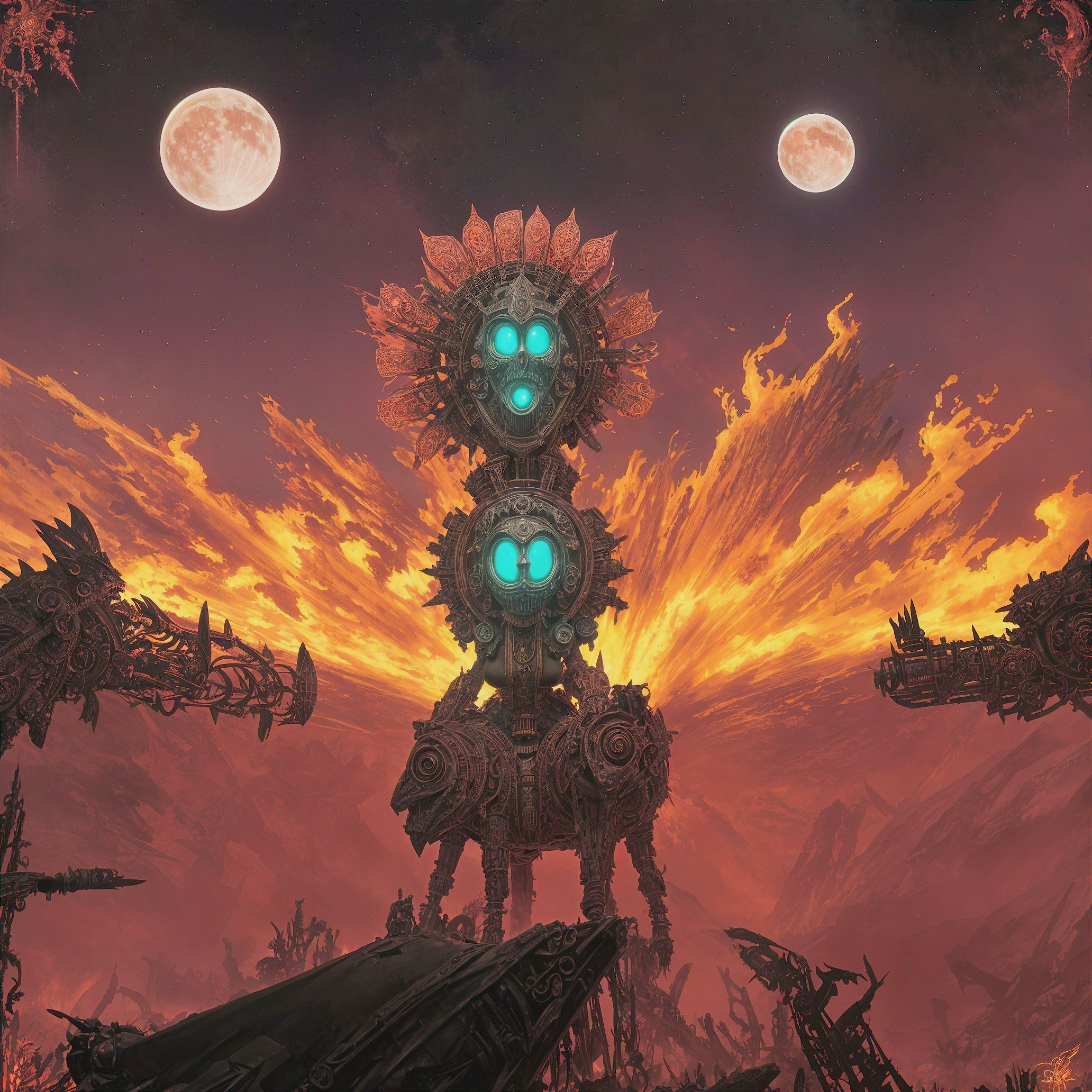 Towering Structure in Fiery Landscape with Moons