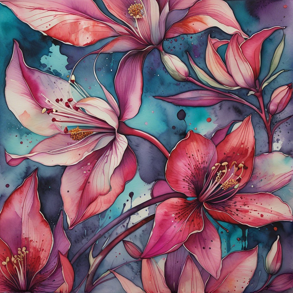 Vibrant Floral Painting of Lilies on Turquoise Background