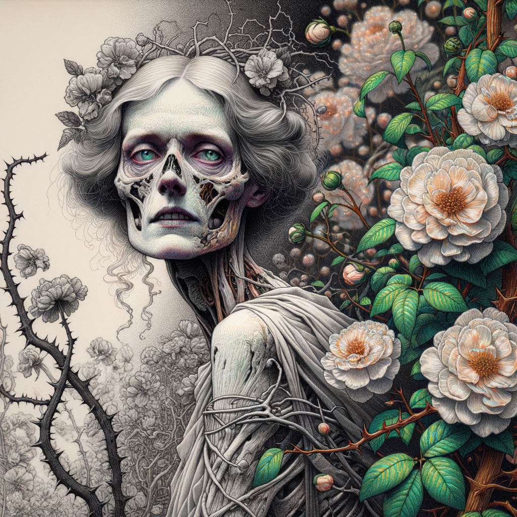 Haunting Figure with Skeletal Face and Floral Elements