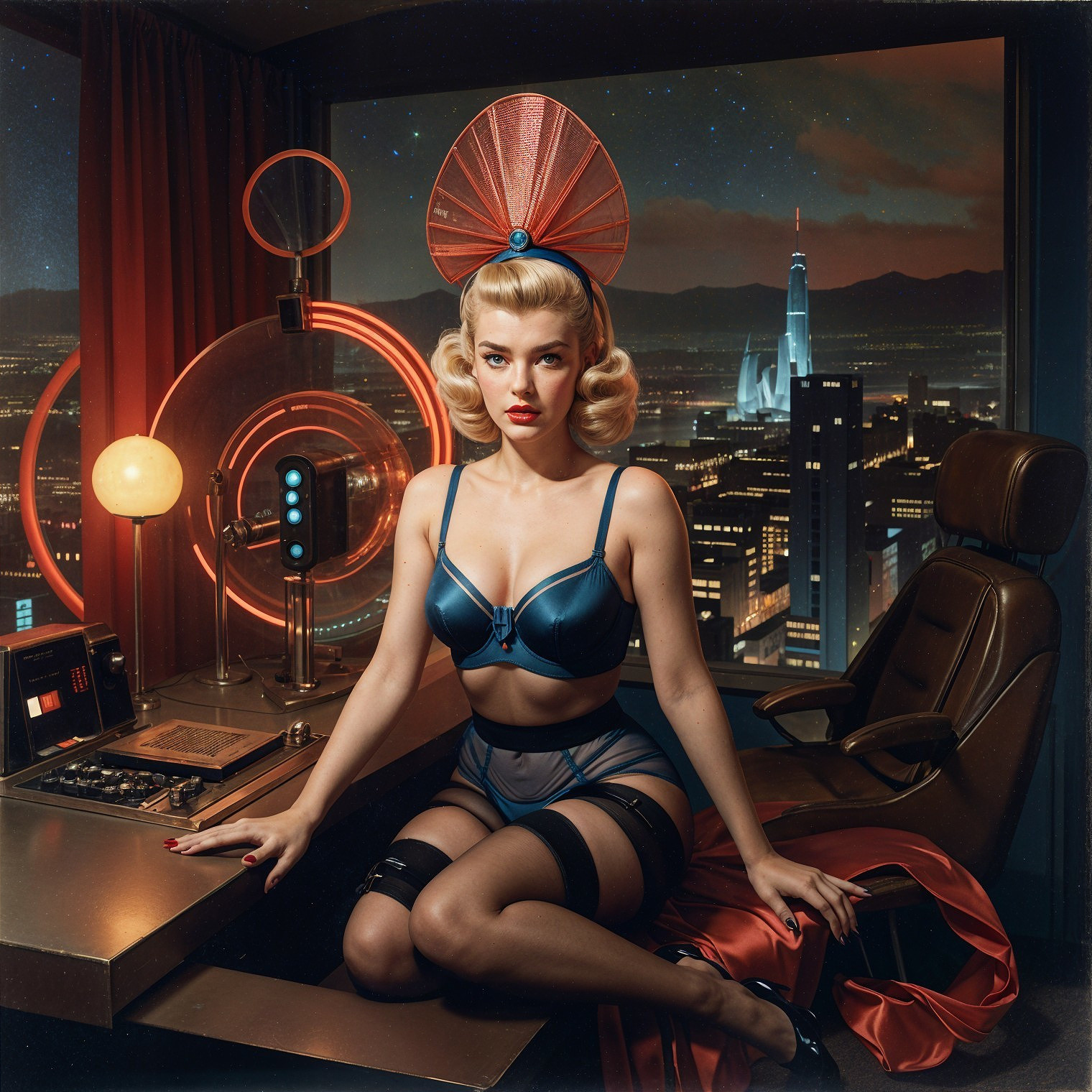 Futuristic Woman in Retro Attire at Control Desk