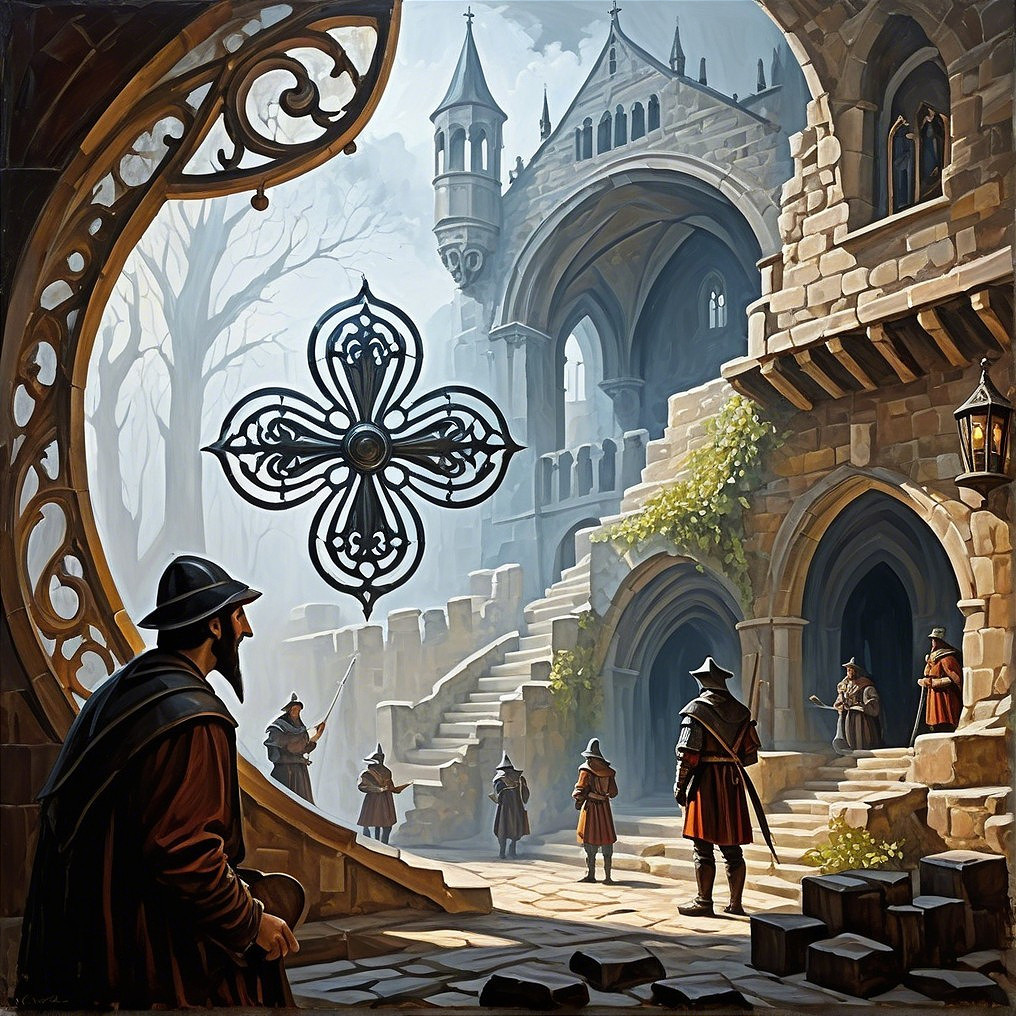 Medieval Courtyard with Gothic Architecture and Figures
