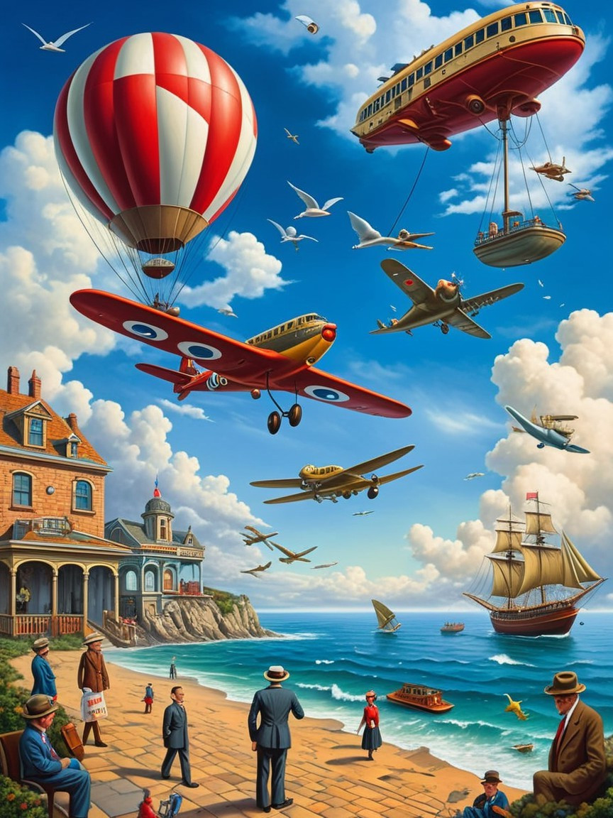 Whimsical Seaside Scene with Vintage Vehicles and Promenade