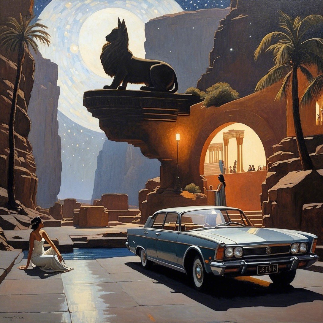 Classic car by stream with woman and lion statue