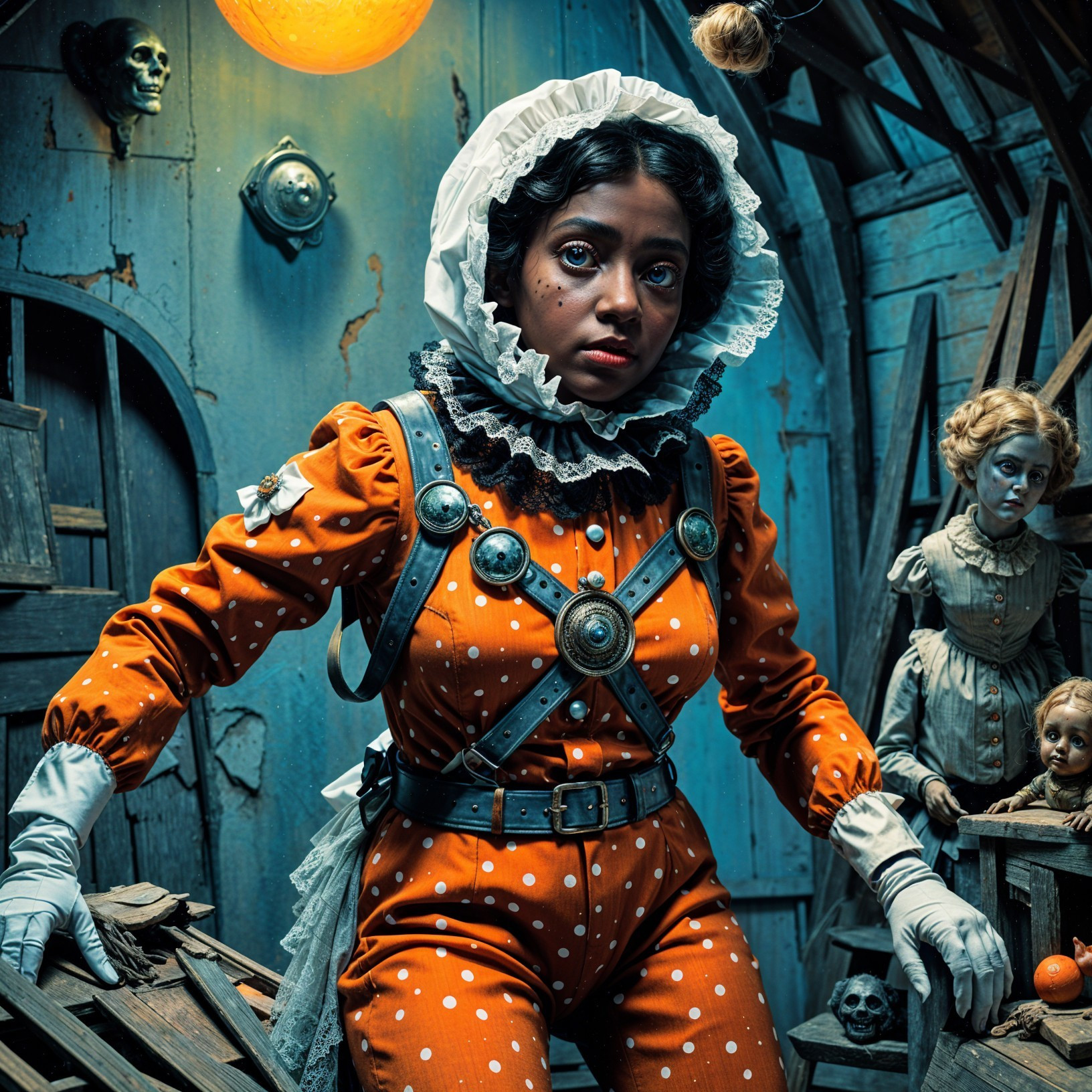 Eerie Room with Vintage Dolls and Dramatic Model