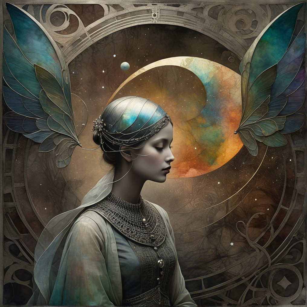 Serene woman with butterfly wings in cosmic setting