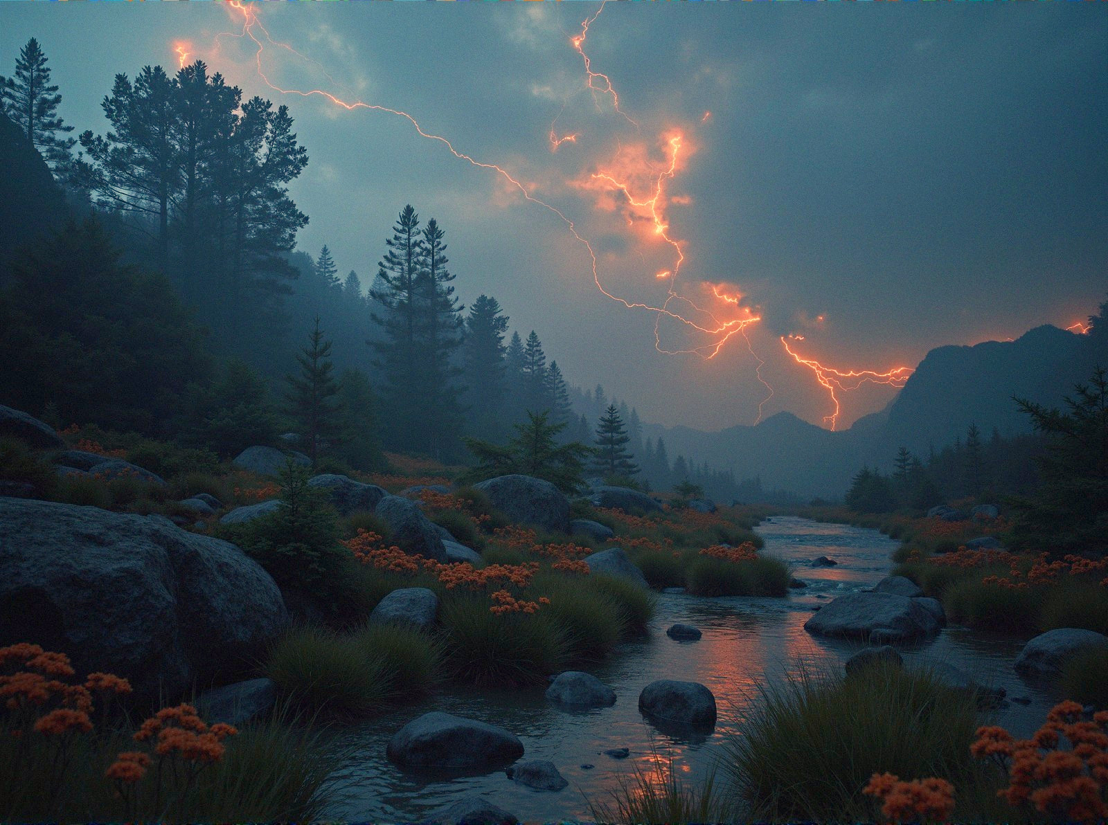 Dramatic Landscape with River, Storm Clouds, and Trees