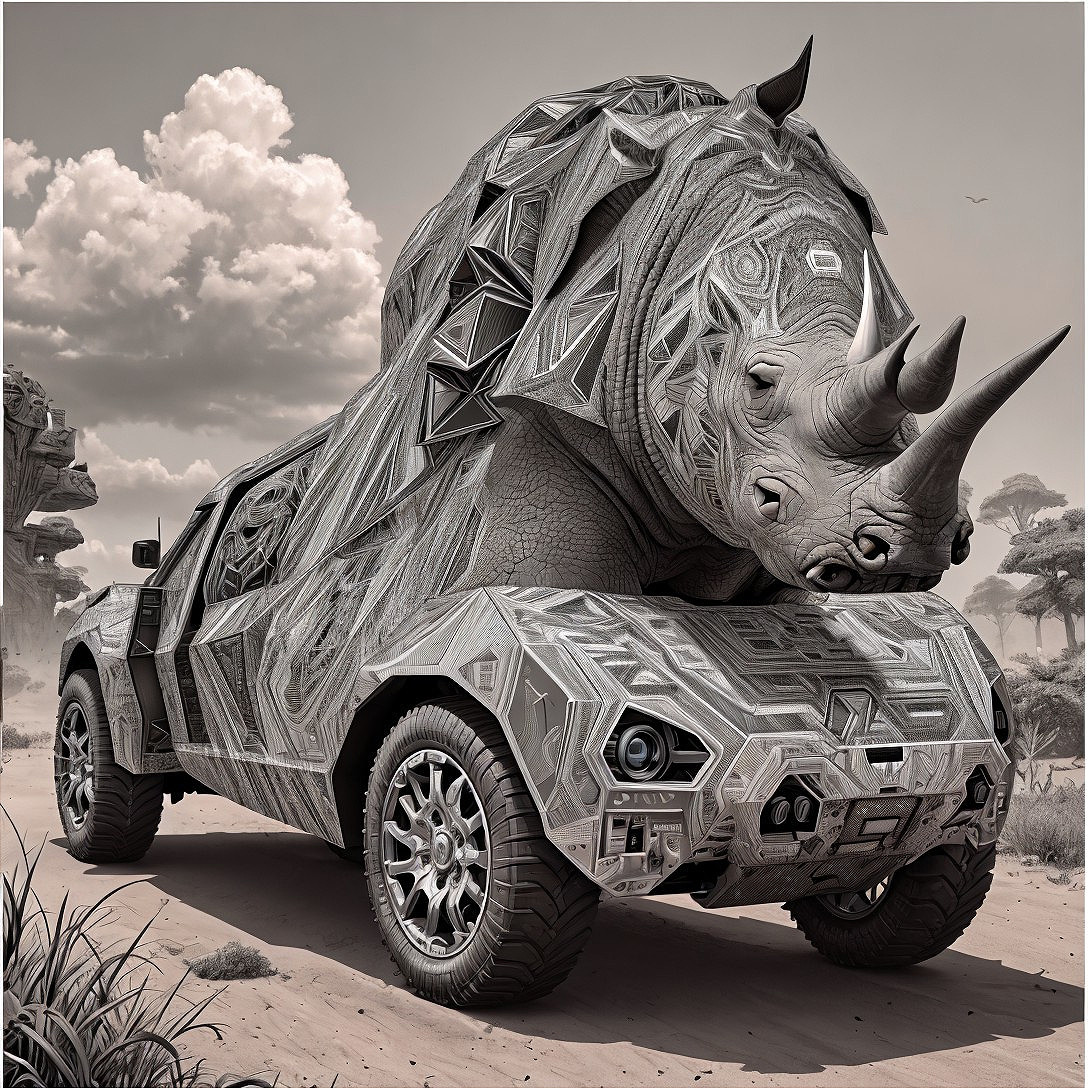 Surreal Armored Vehicle with Geometric Rhinoceros