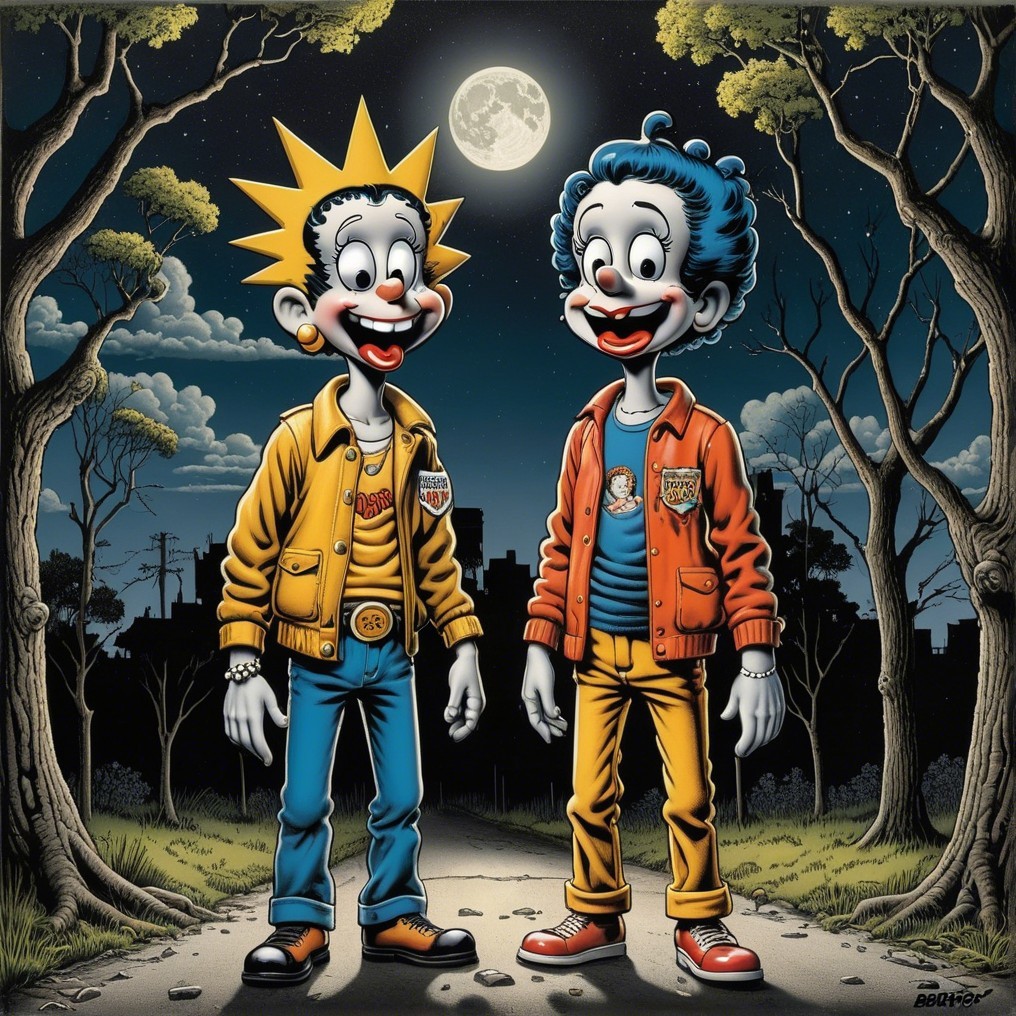 Vibrant Cartoon Characters on a Moonlit Path