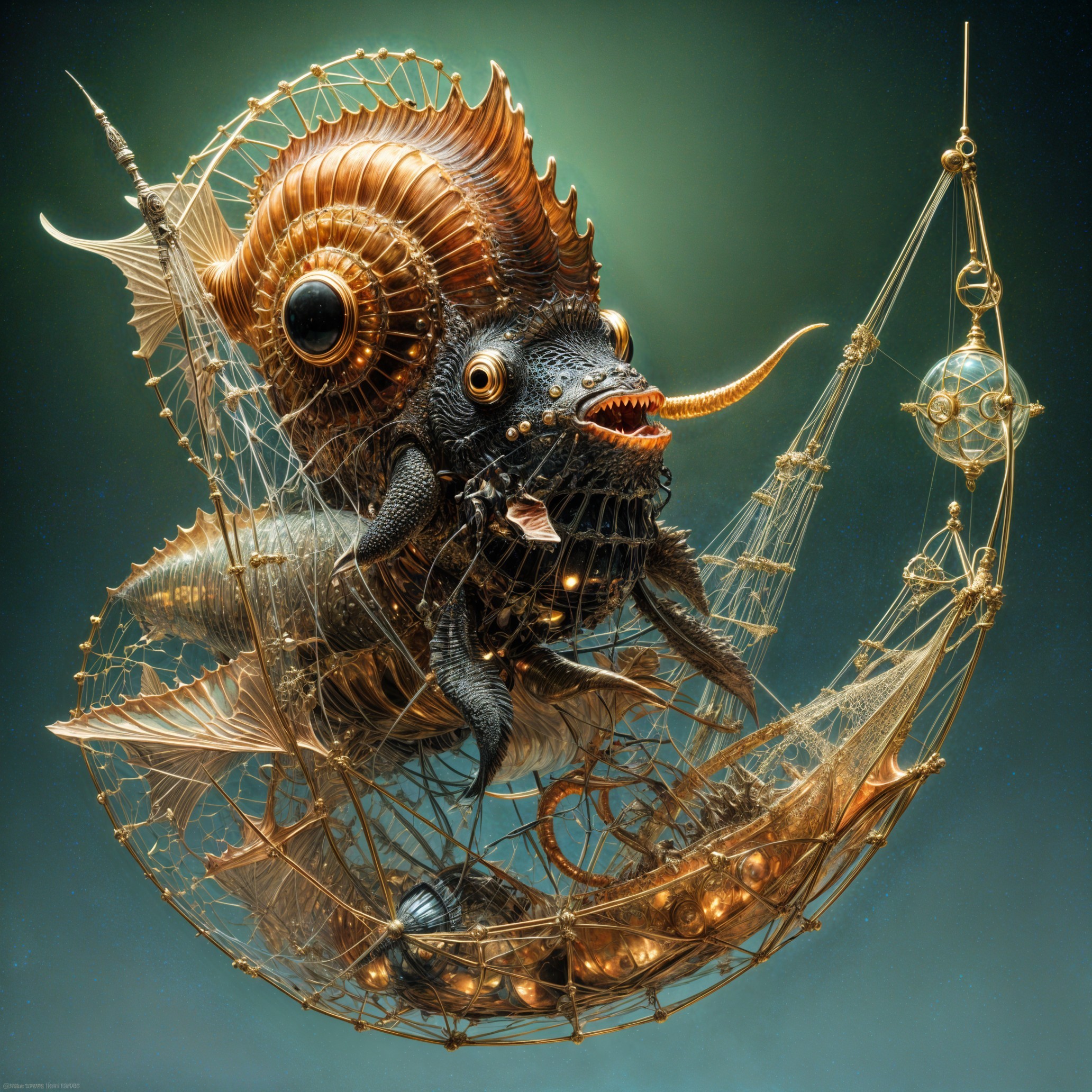 Steampunk Fish with Mechanical Details and Orbs
