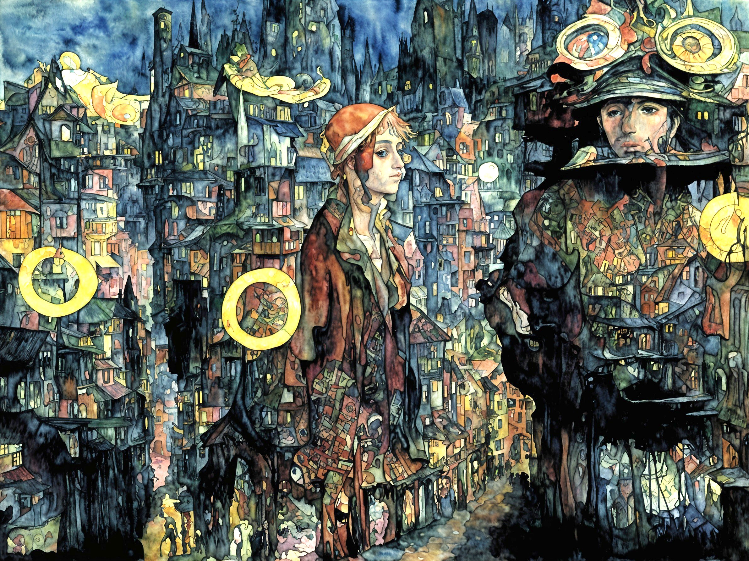 Dreamlike Cityscape with Colorful Buildings and Characters