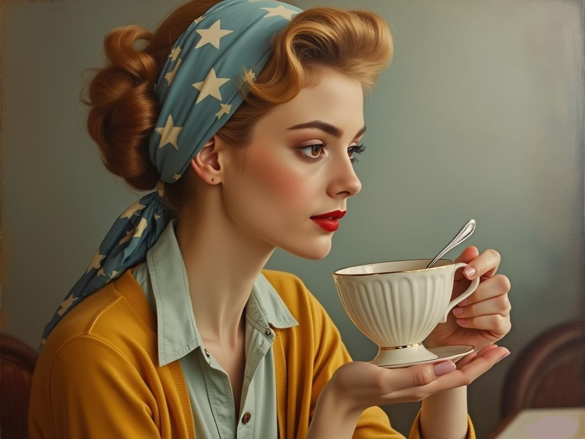 Stylish Woman with Vintage Hair and Teacup