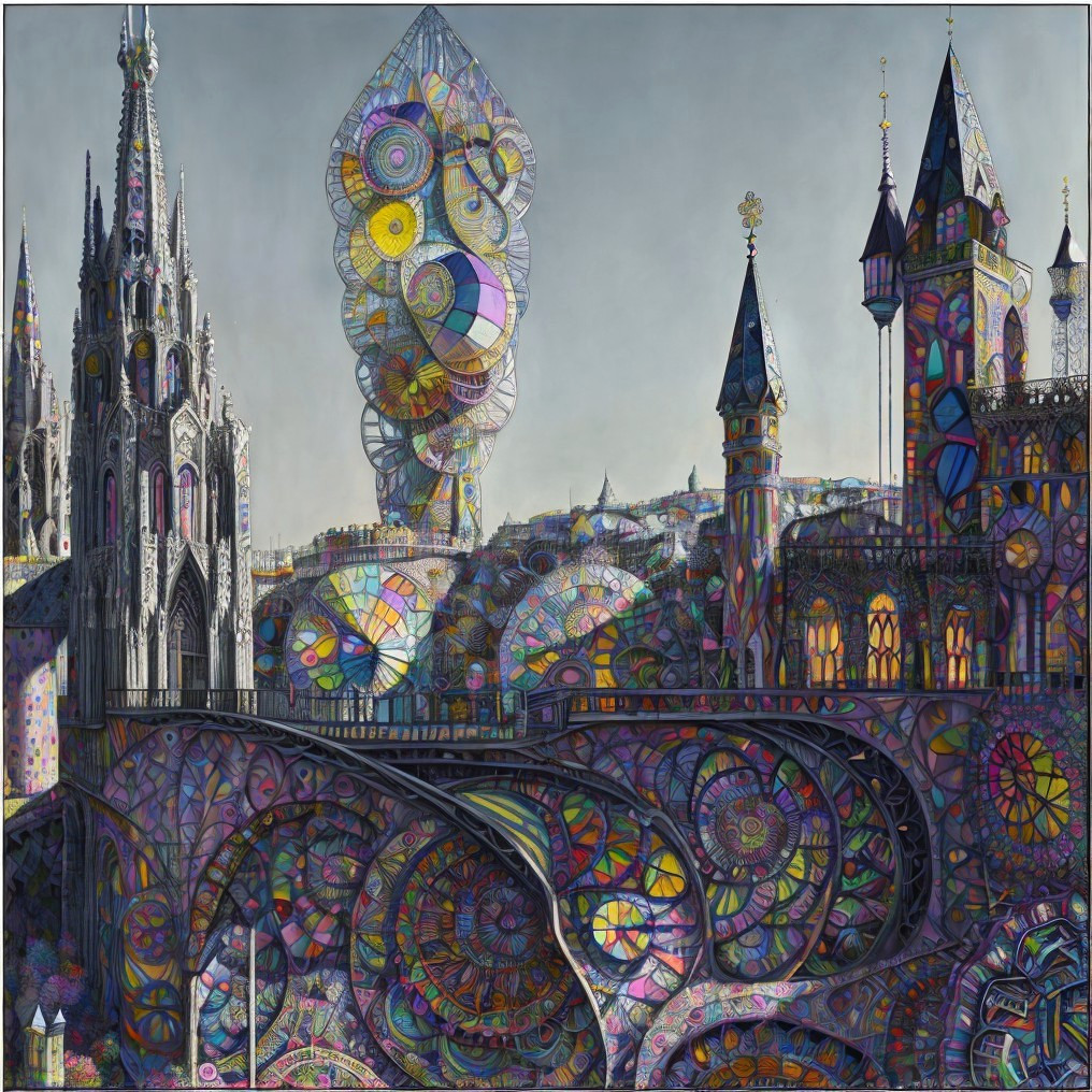 Intricate cityscape with gothic and fantastical architecture