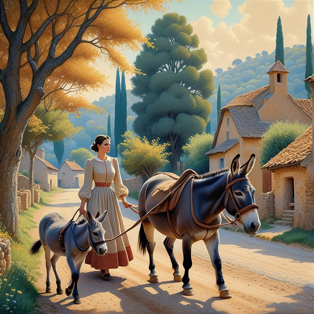 Serene Countryside Scene with Woman and Donkeys