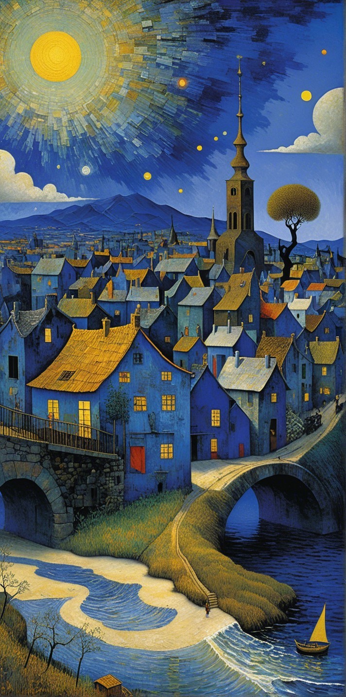 Surreal Landscape with Quaint Town and River Scene