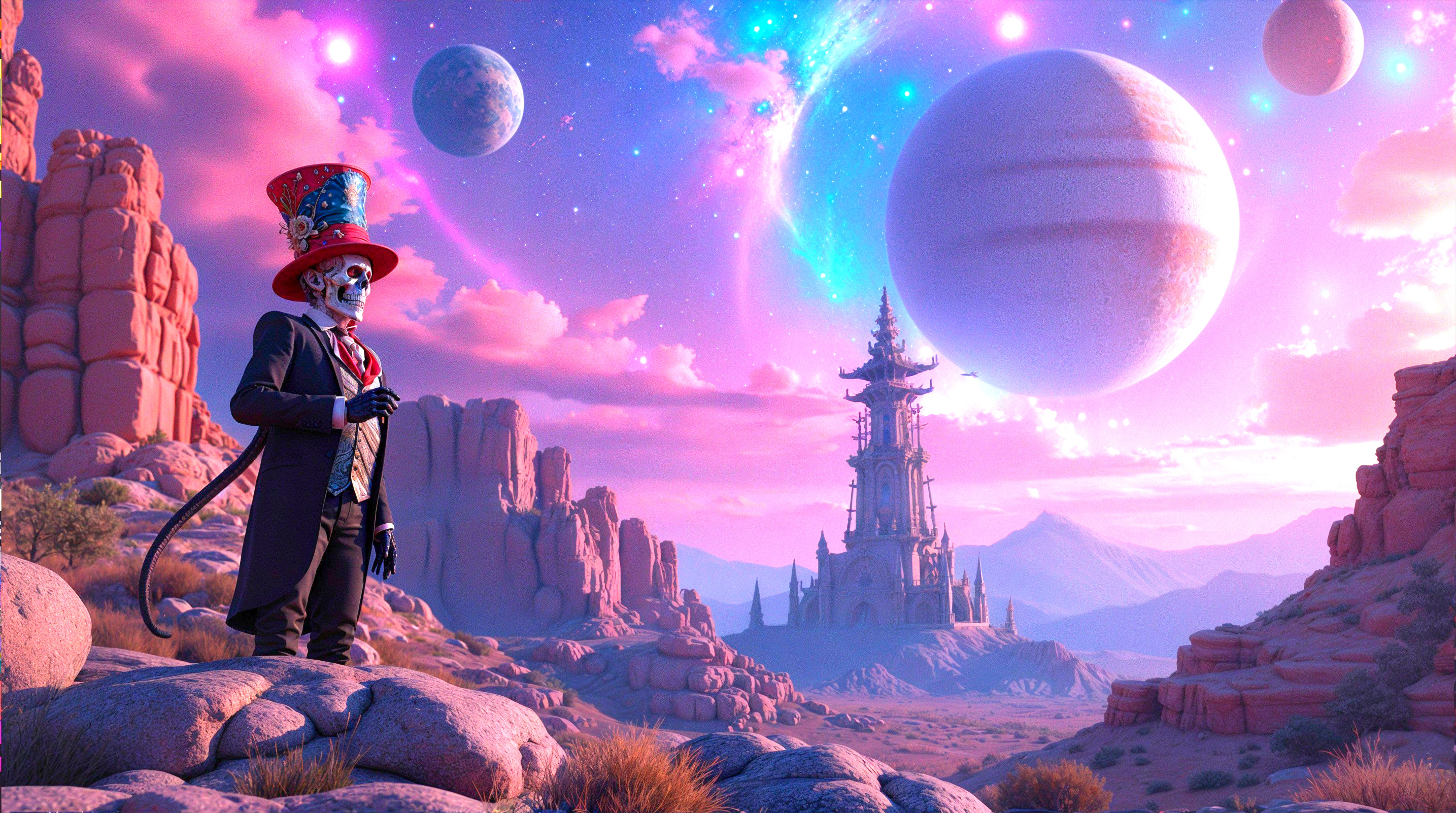 Skeletal Figure in Surreal Landscape with Tower and Planets