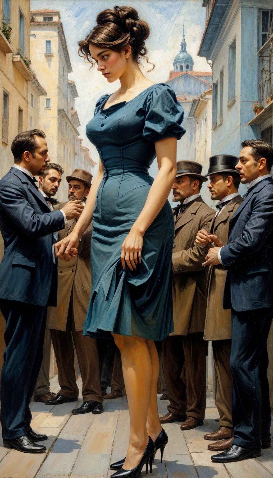 Elegant Woman Amidst Well-Dressed Men in Vintage Scene