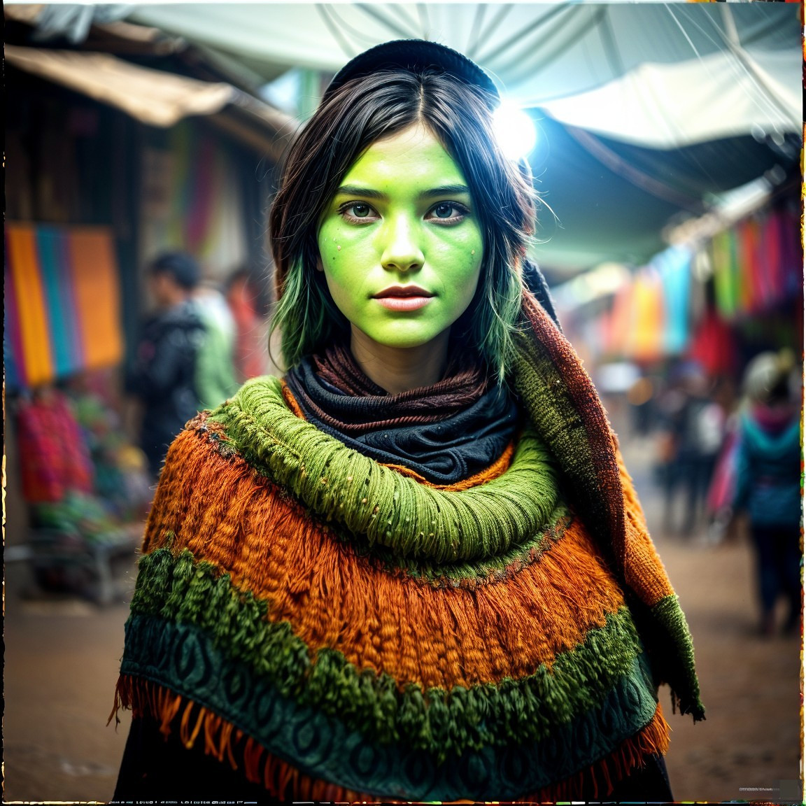 Young woman in colorful market with artistic expression