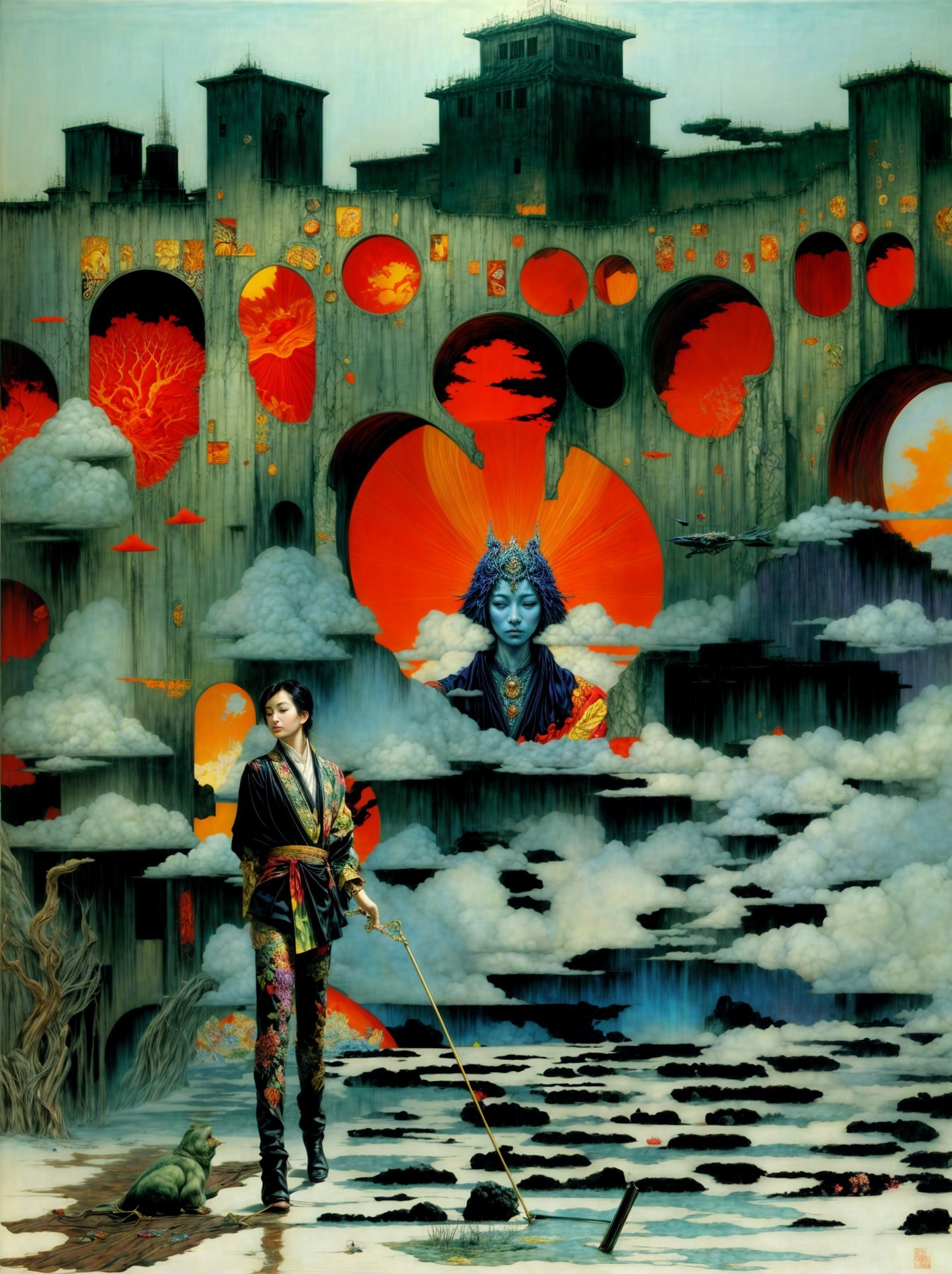 Mystical Figure in Ornate Kimono in Surreal Landscape