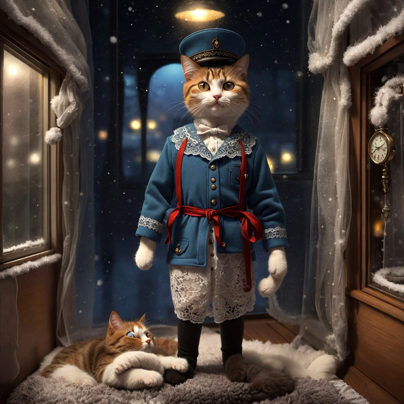 Anthropomorphic Cat in Conductor Outfit with Accessories