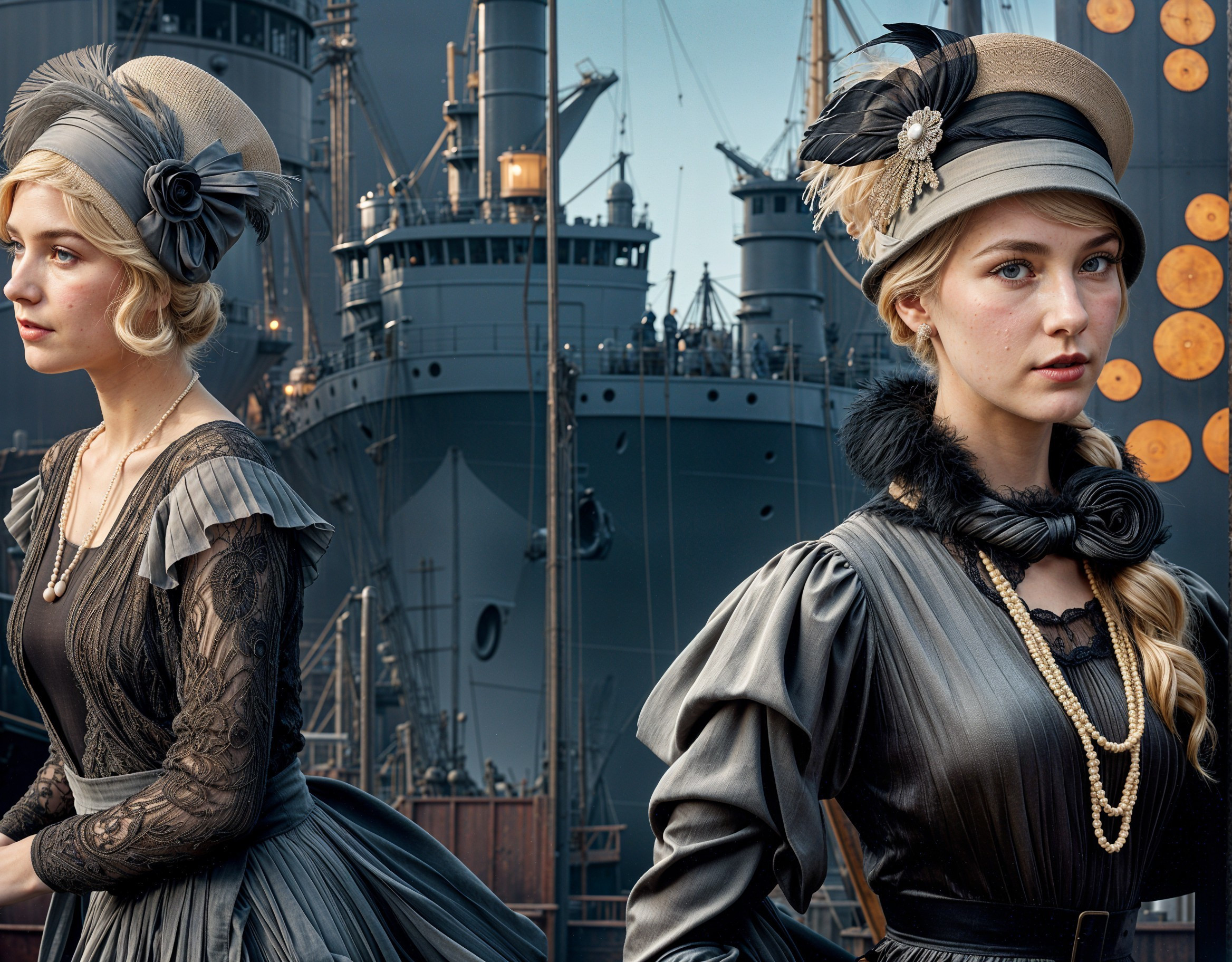Vintage Fashion of Two Women by Historic Ship