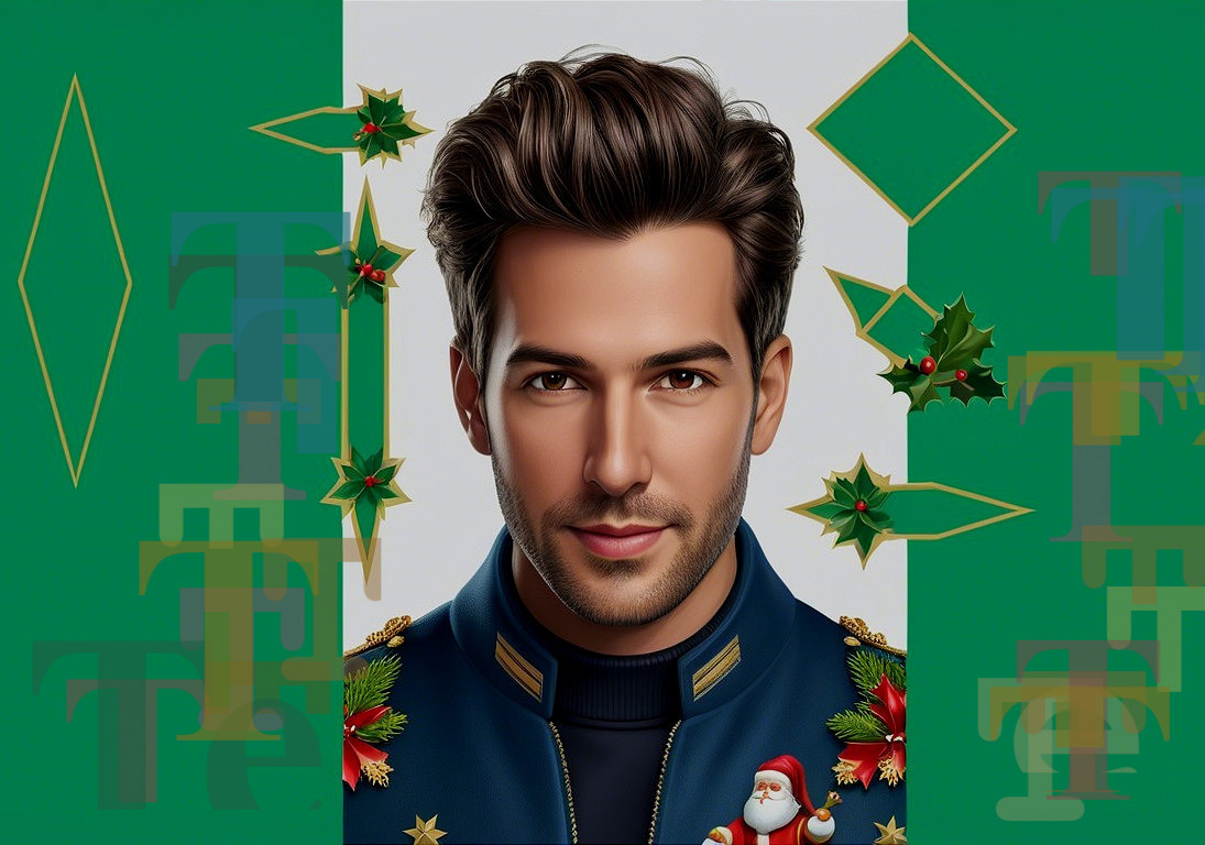 Young man in festive navy jacket with holiday motifs