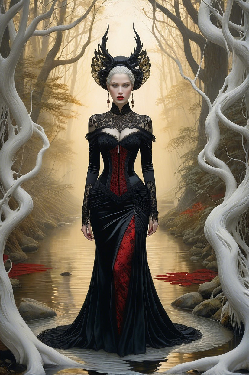 Mystical Forest Figure in Elegant Black Gown