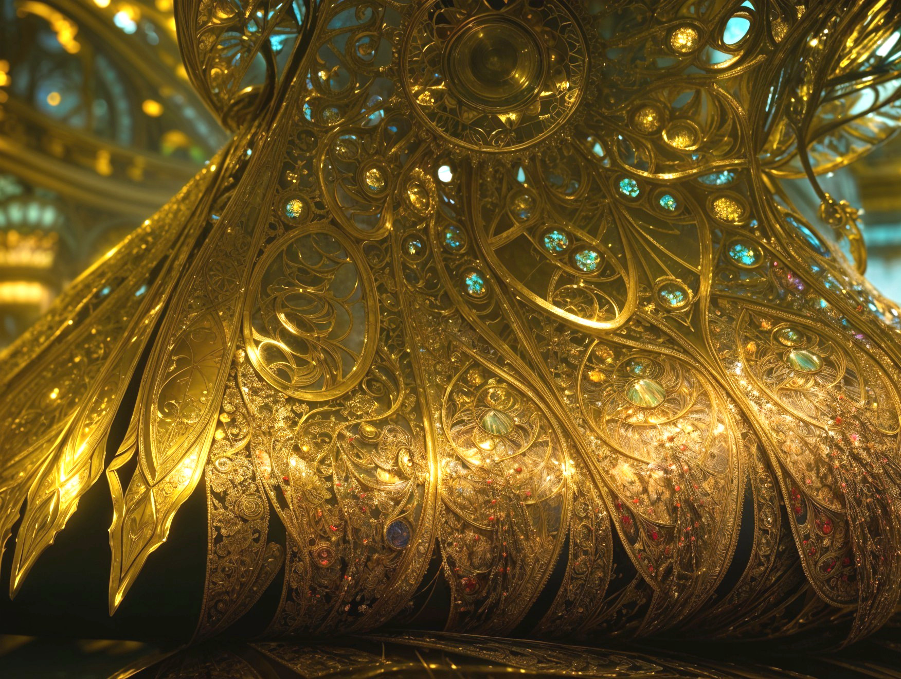 Intricate Golden Structure with Filigree and Gemstones