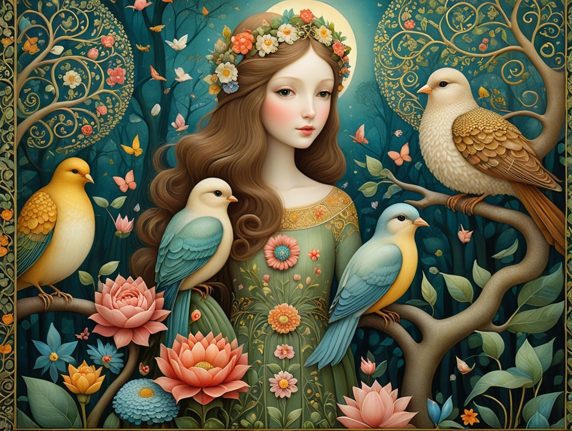 Young Woman in Floral Crown in Enchanted Forest