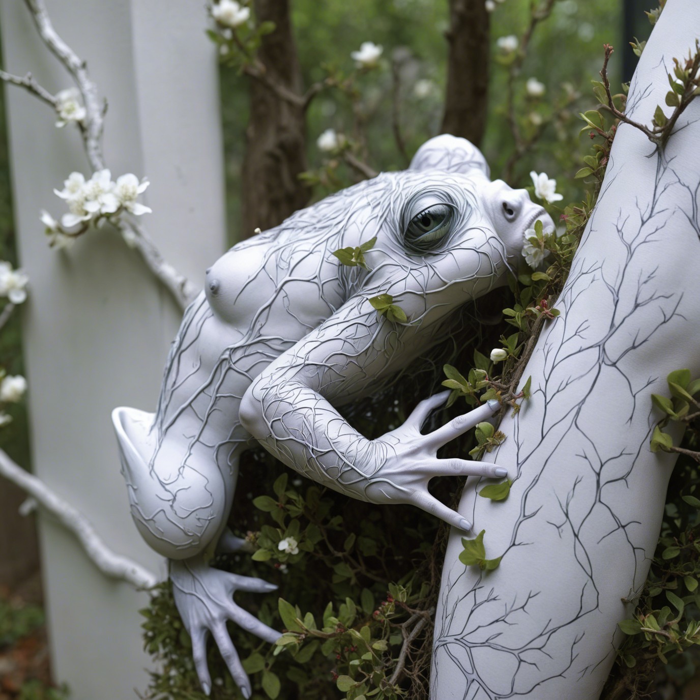 Surreal Sculpture of Frog with Human Features in Nature