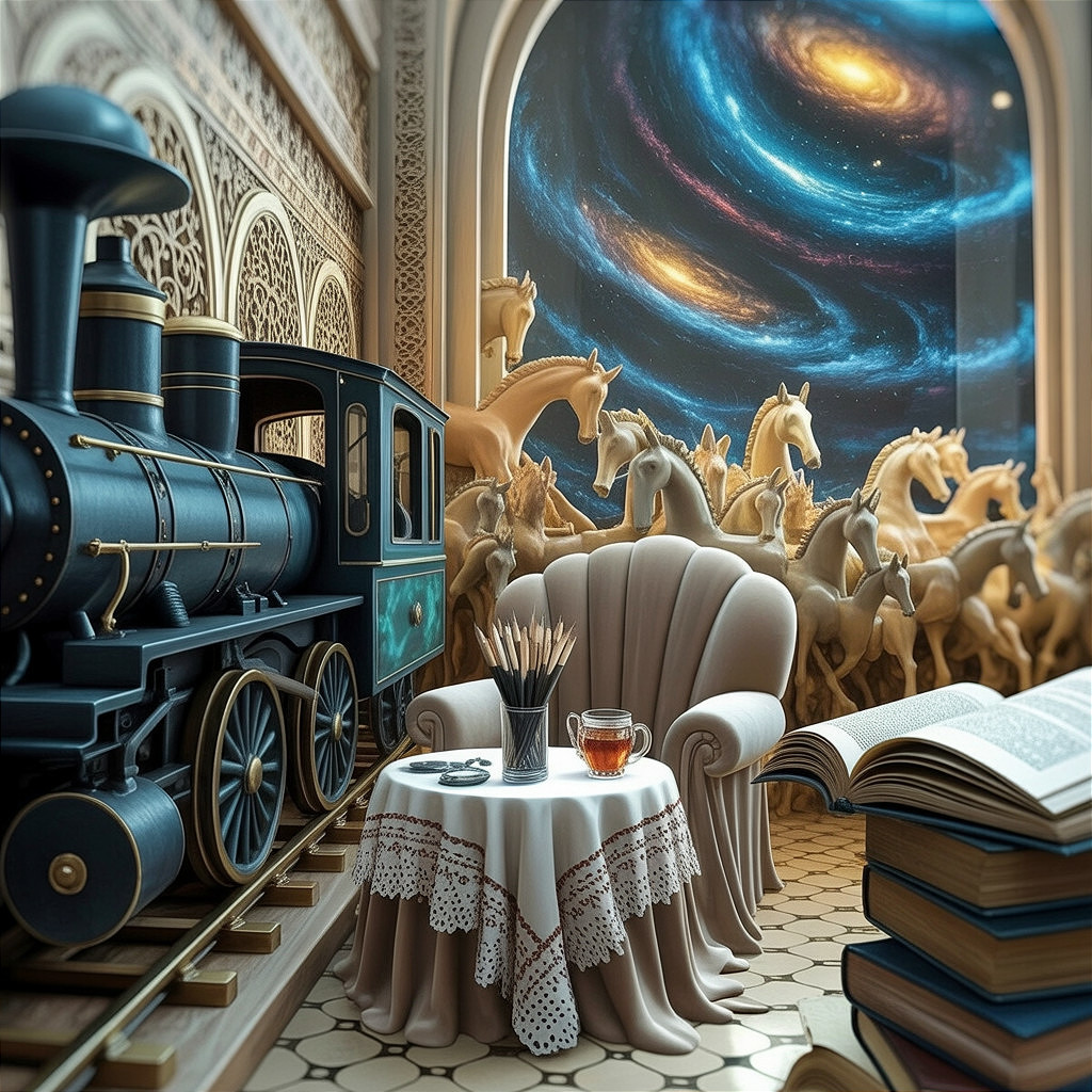 Cozy room with vintage train model and galaxy view