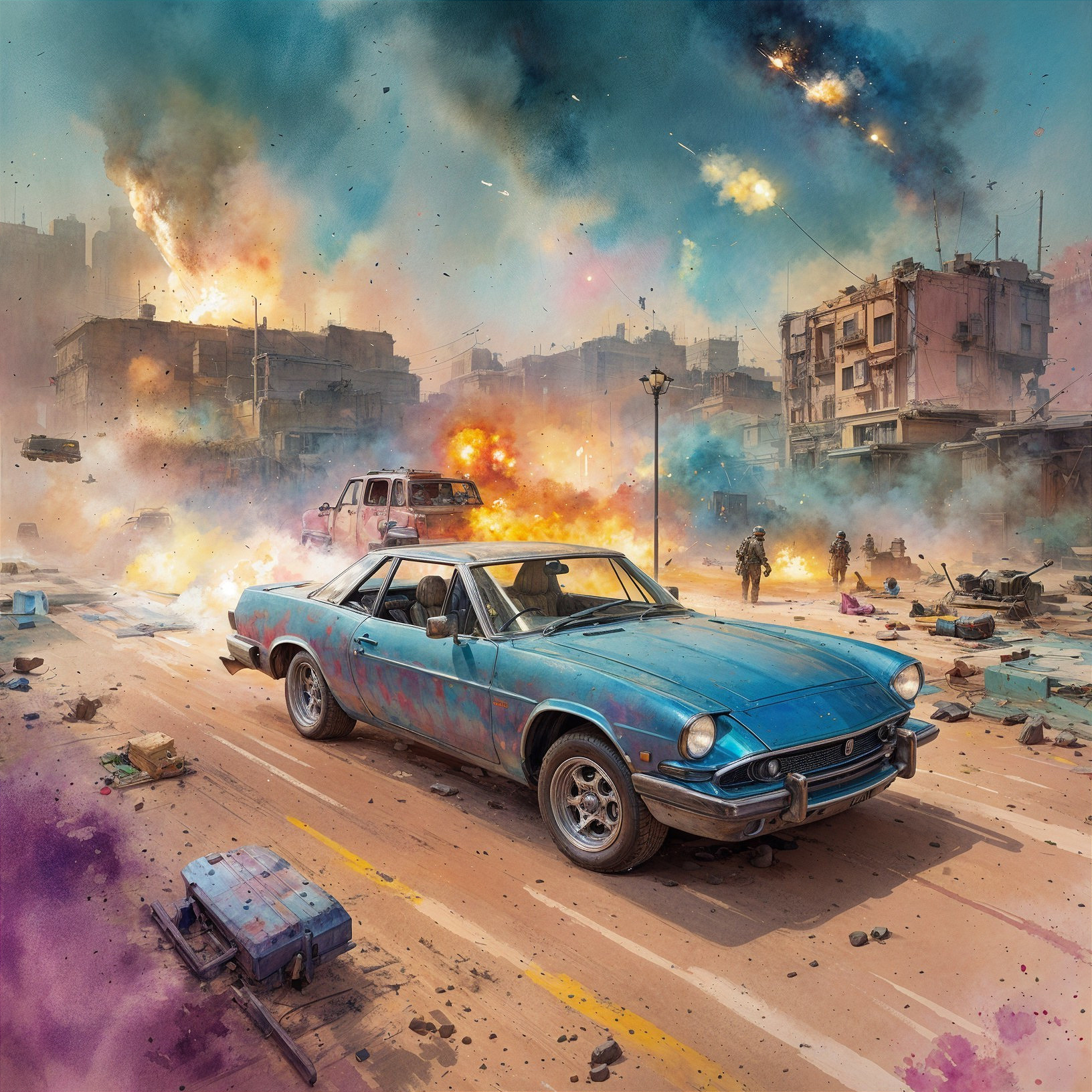 Classic Blue Sports Car in Chaotic Urban Landscape