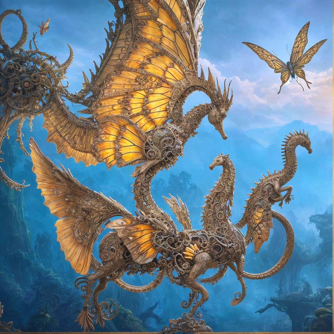 Fantasy Steampunk Dragons with Ornate Wings in Sky