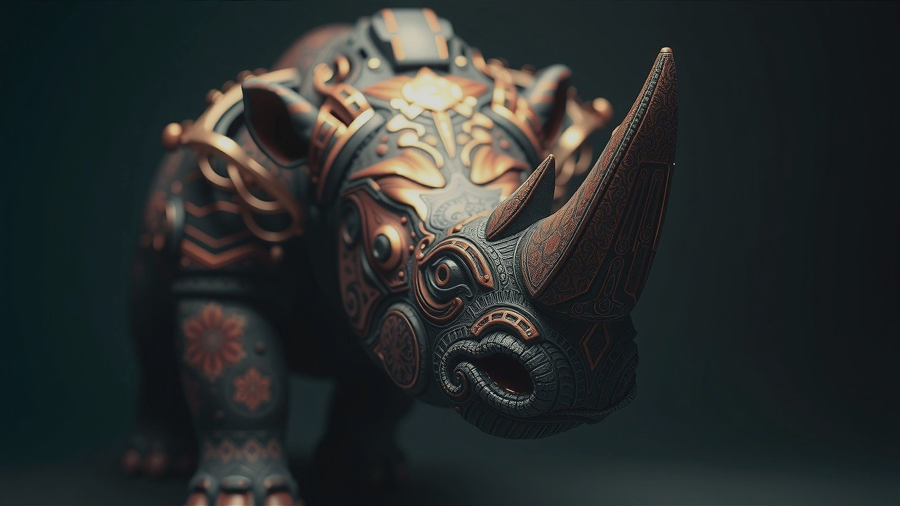 Stylized rhinoceros sculpture with ornate patterns