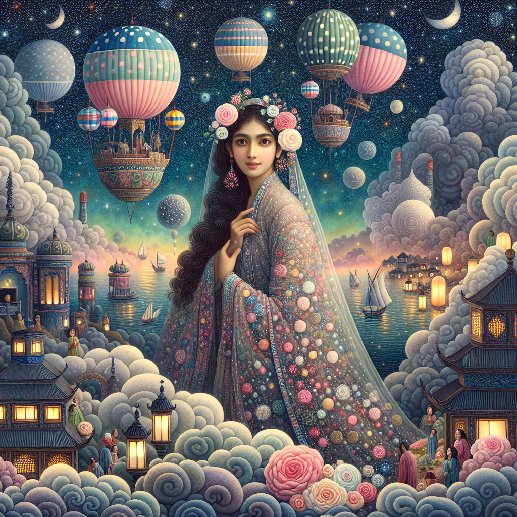 Dreamy Scene with Woman in Floral Robe and Balloons