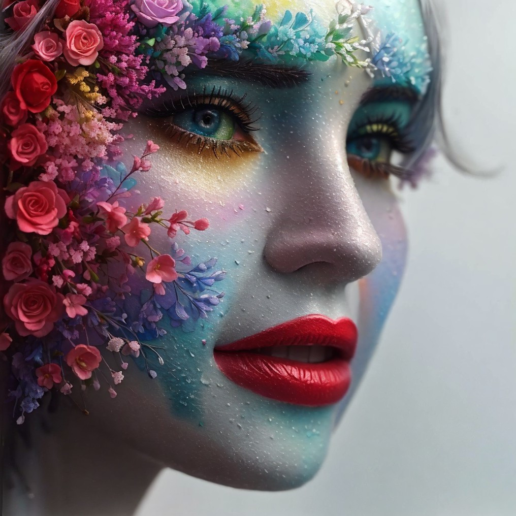 Stylized face with colorful floral elements and blue eyes