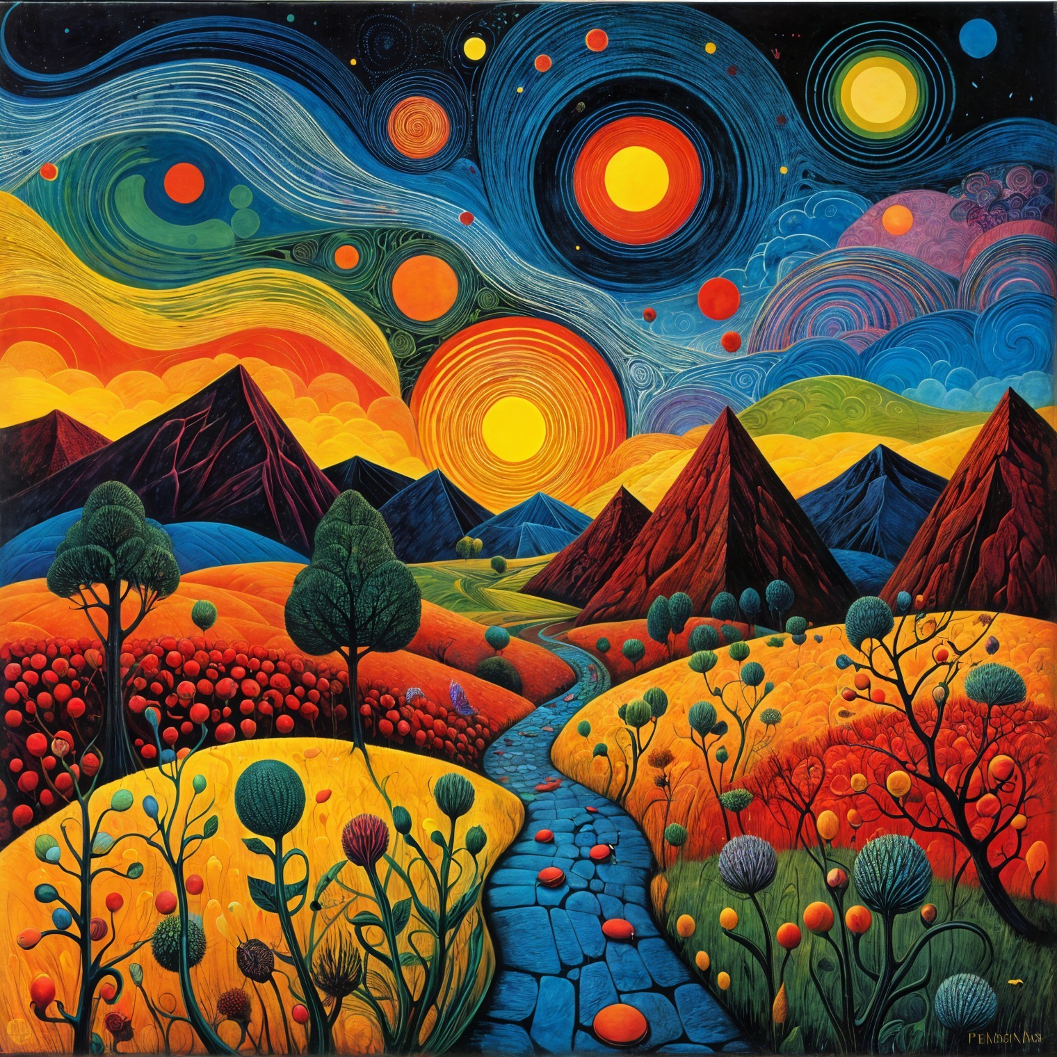 Vibrant Landscape with Swirling Skies and Mountains