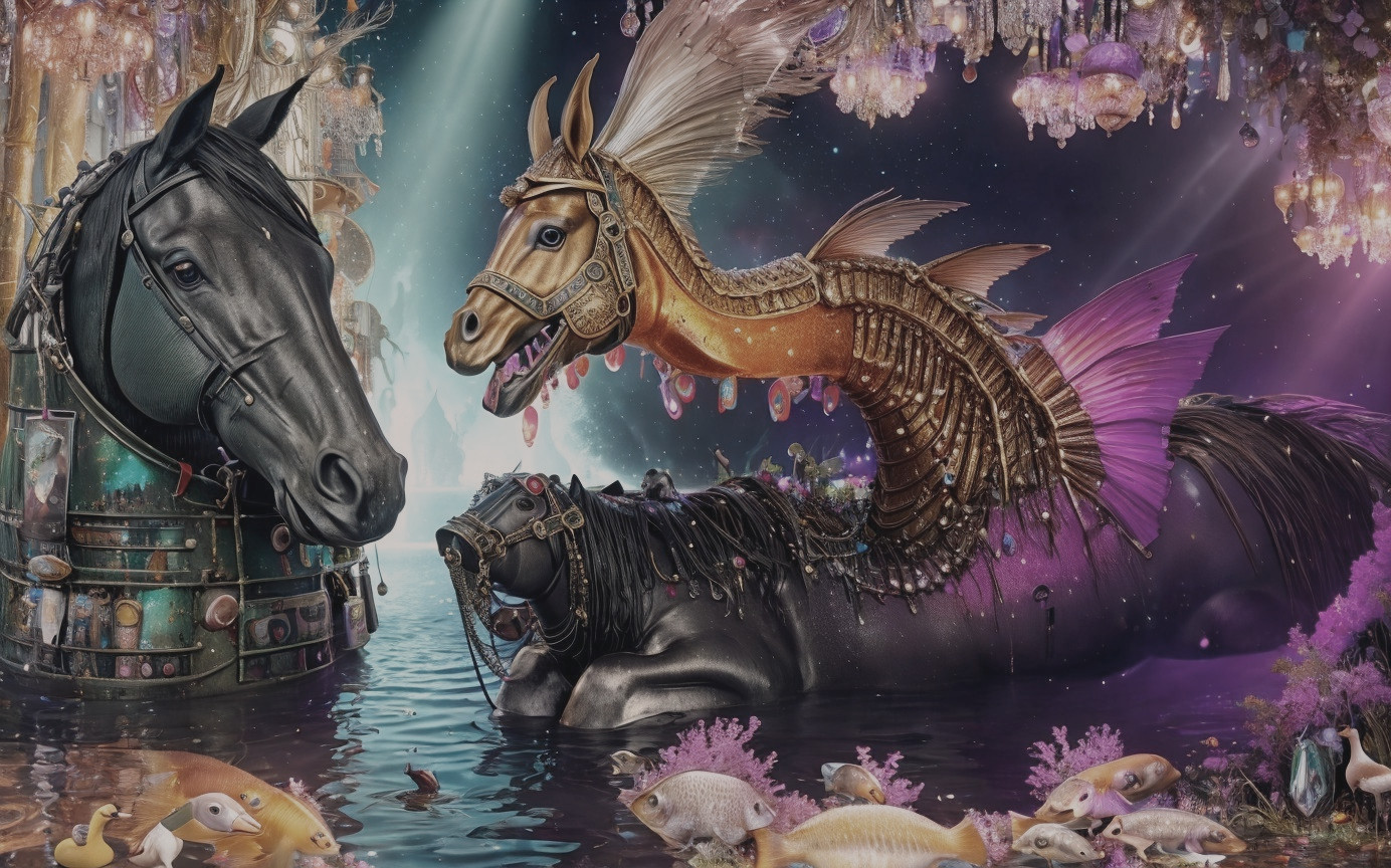 Underwater Scene with Mythical Horse-Like Creatures