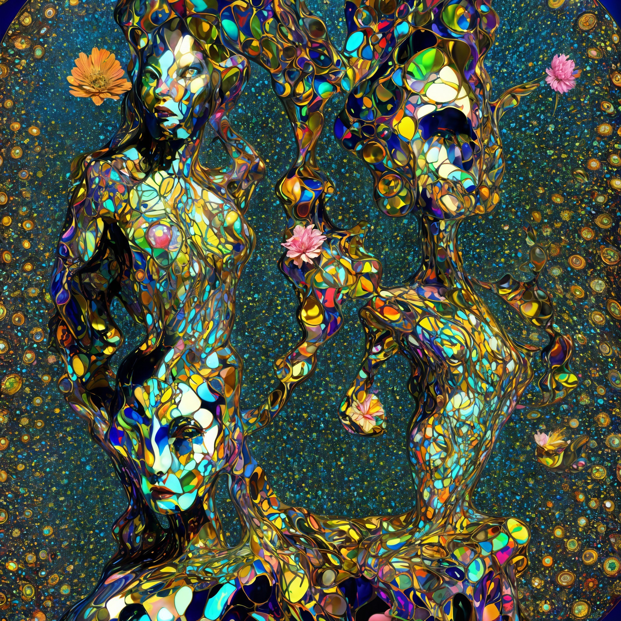 Abstract Figures in Vibrant Swirling Landscape
