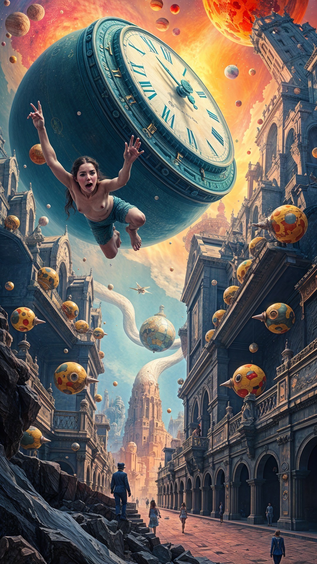 Surreal Landscape with Boy Leaping from Giant Clock