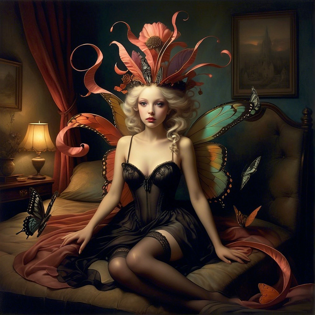 Whimsical Scene of Woman with Butterfly Wings