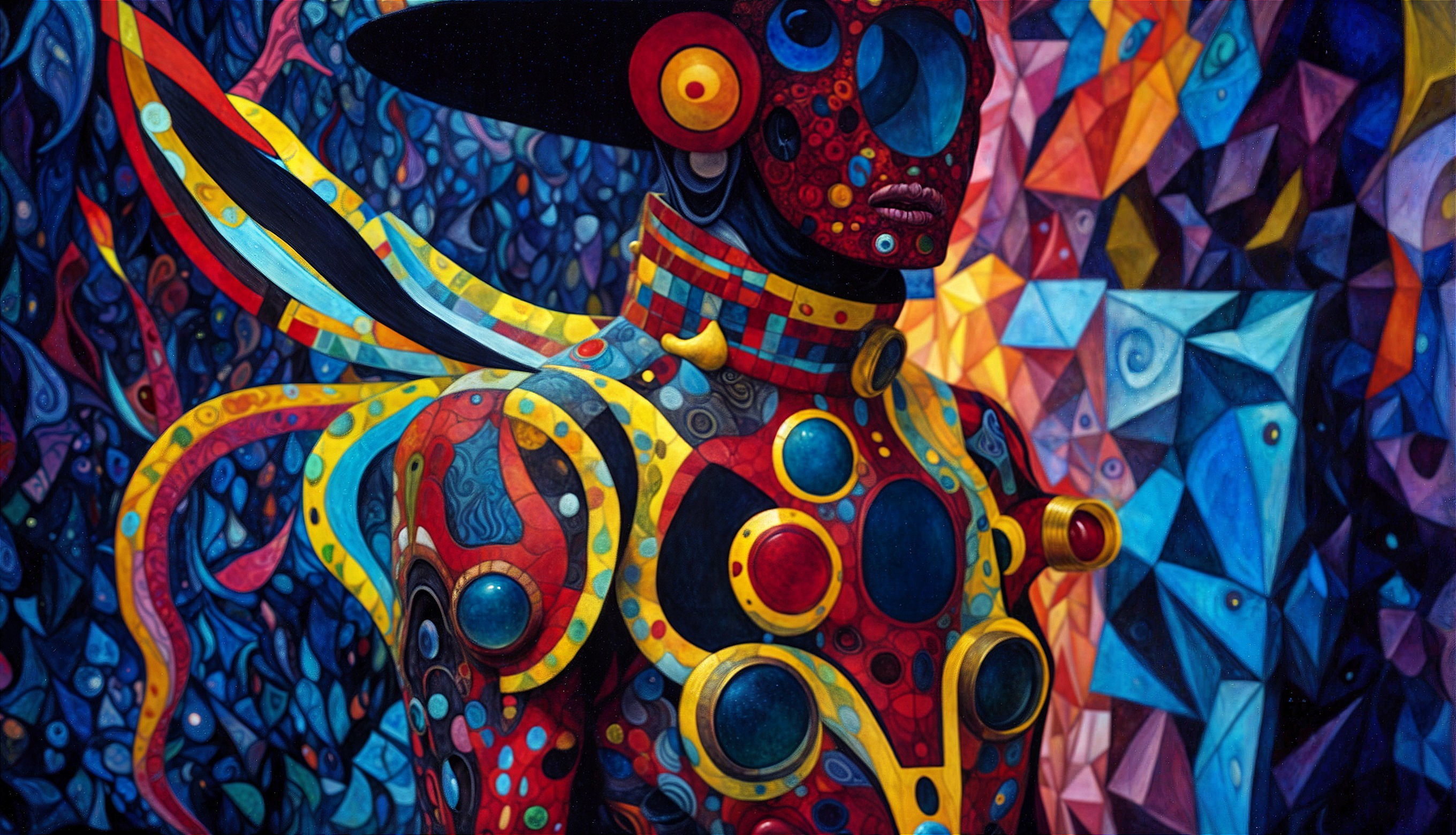 Vibrant Abstract Figure with Intricate Patterns and Colors