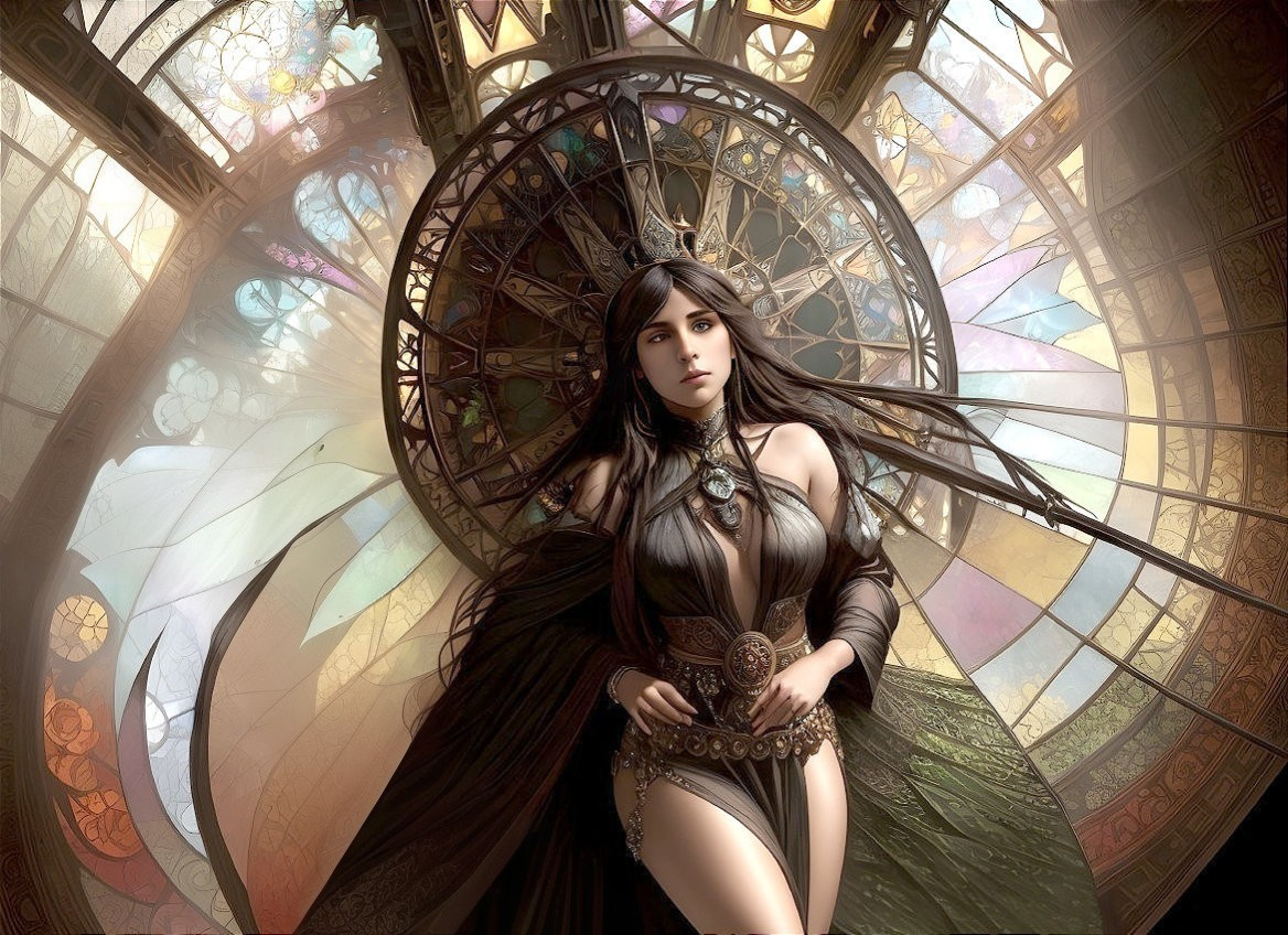Mysterious Figure in Dark Garments with Stained Glass Backdrop