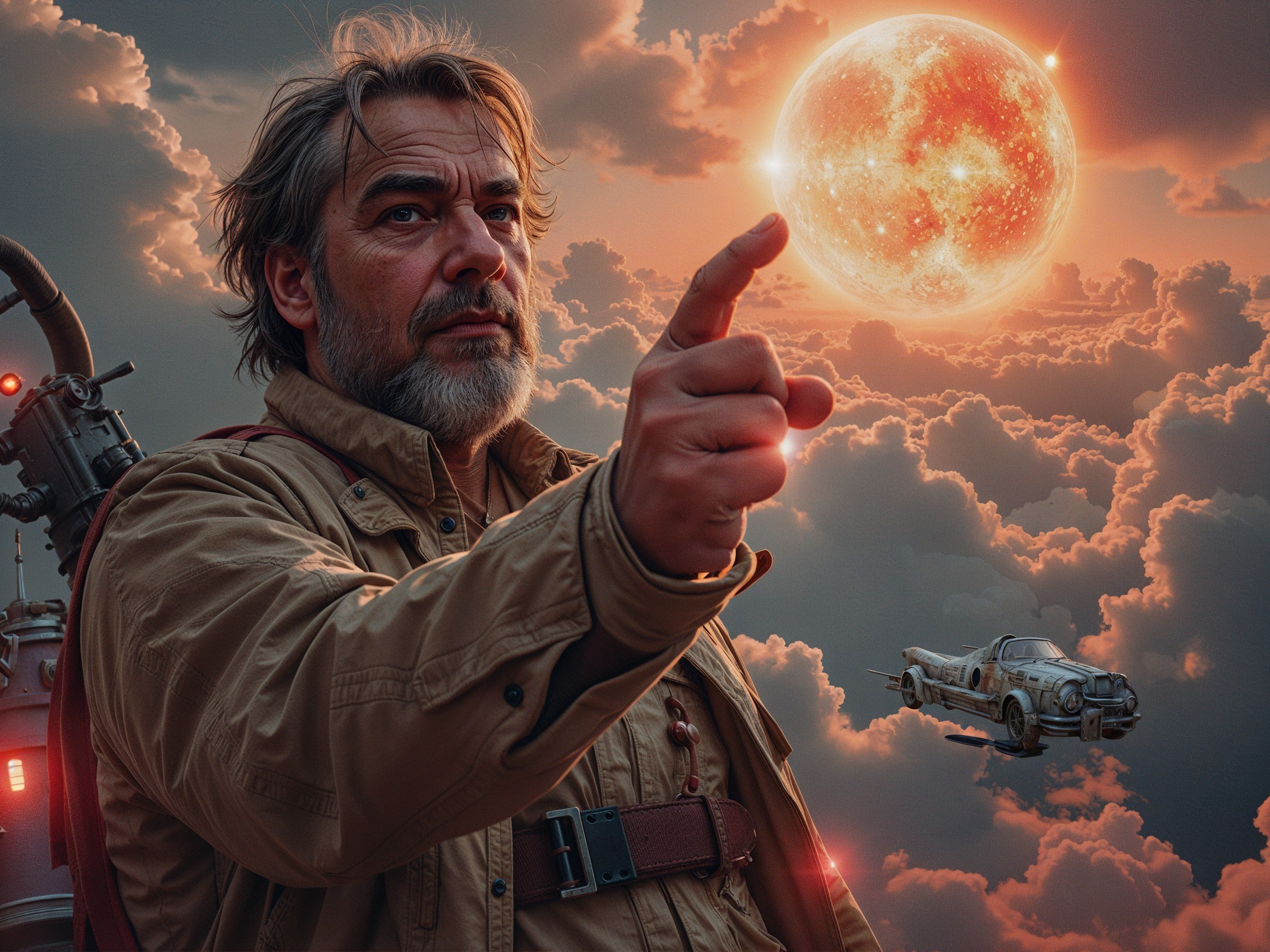 Man Pointing at Glowing Sun with Vintage Car in Sky