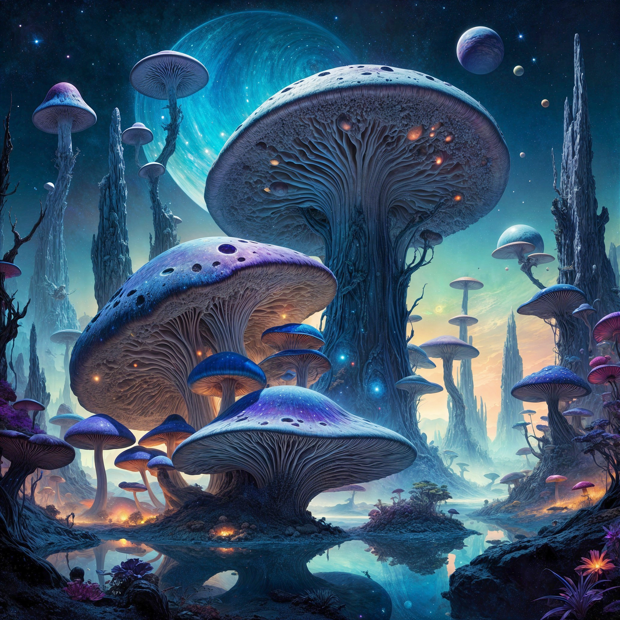 Surreal Landscape with Luminescent Mushrooms and Water