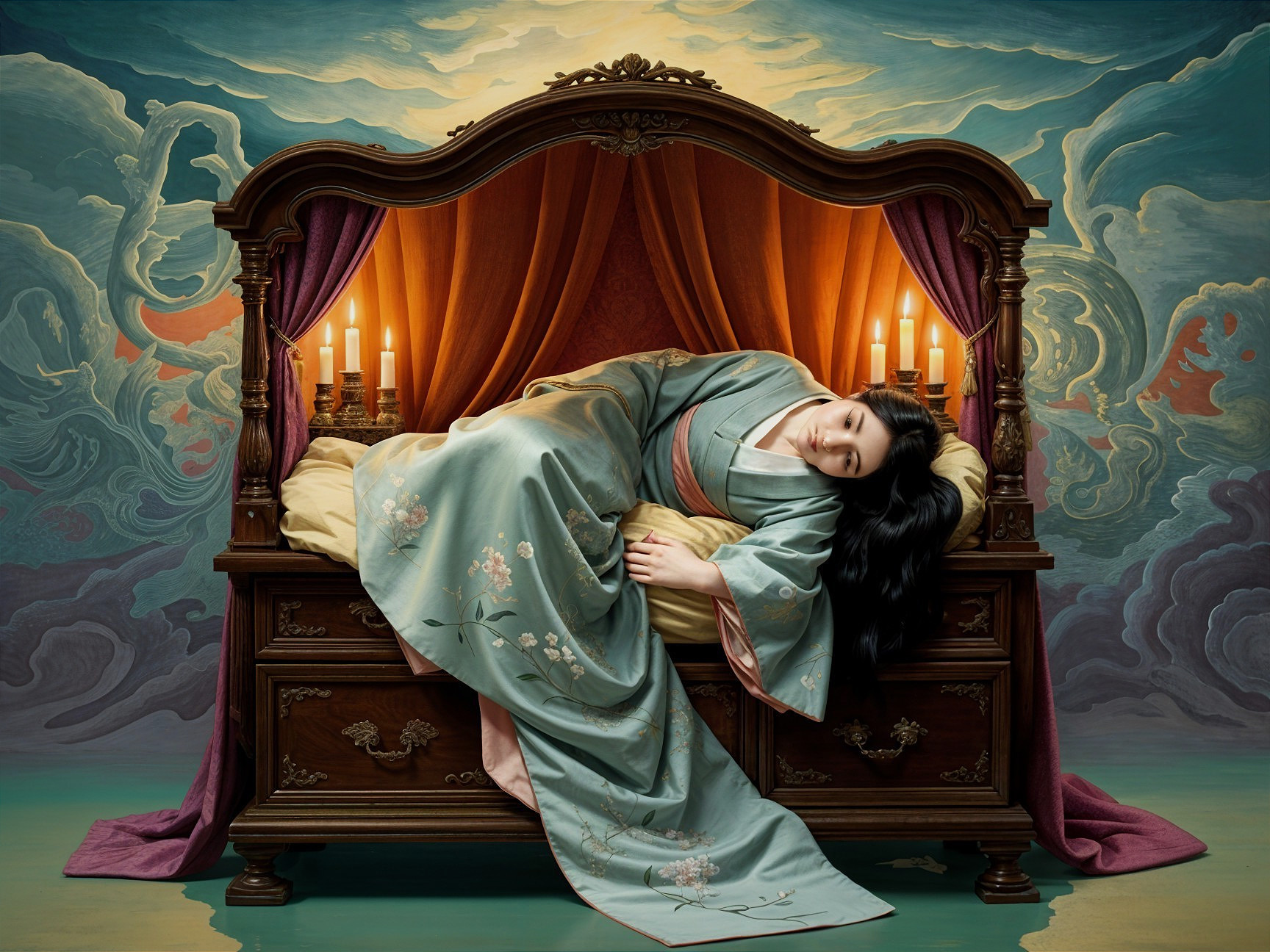 Woman in Blue Kimono in Serene Bedroom Setting