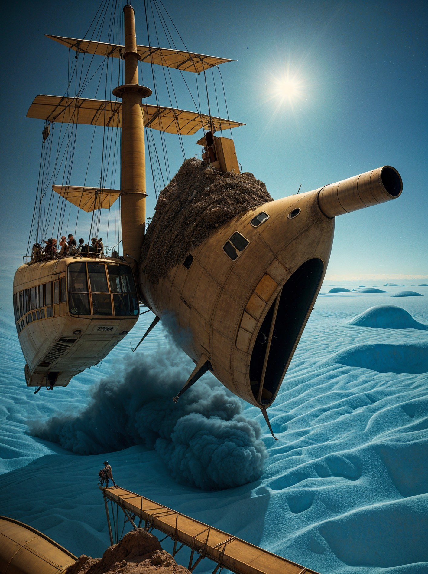 Surreal Ship Hovering Over Textured Sand Dunes