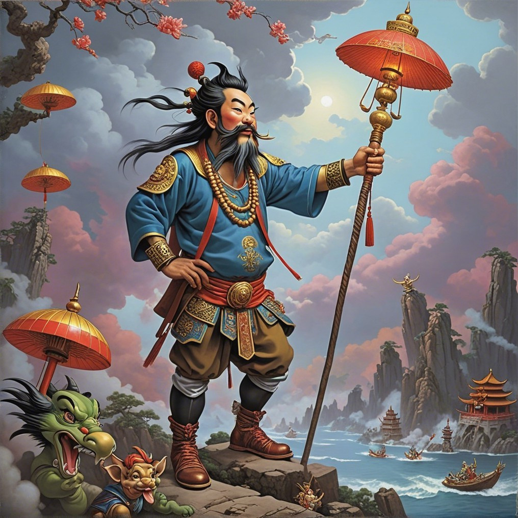 Majestic Figure on Cliff with Traditional Attire and Staff