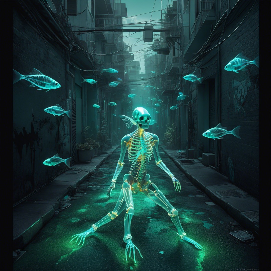 Glowing Skeleton in a Surreal Alleyway with Fish
