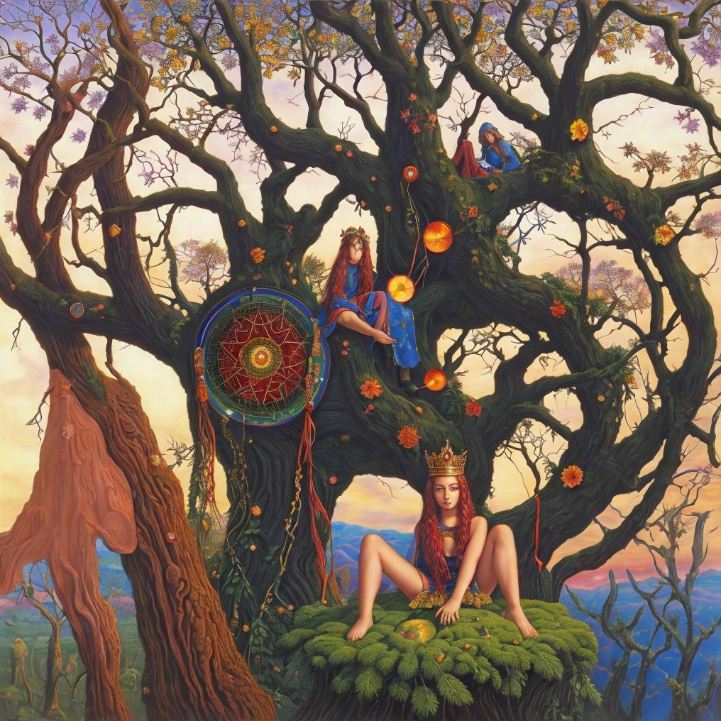 Majestic Tree with Colorful Figures and Sunset Glow